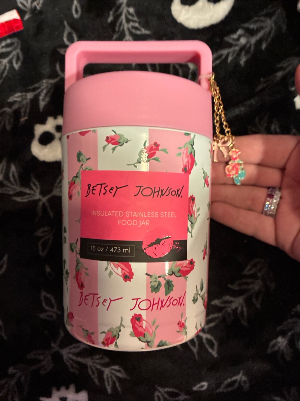 Betsey Johnson Pink Floral Insulated Food Jar with Gold Charm